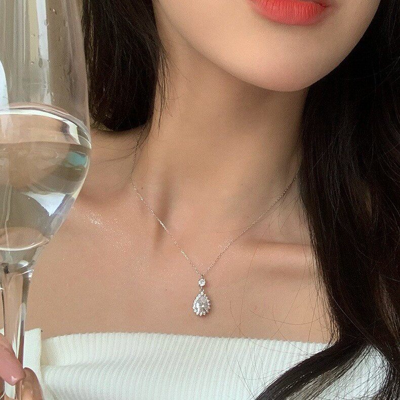925纯银满钻水滴型锆石项链女韩