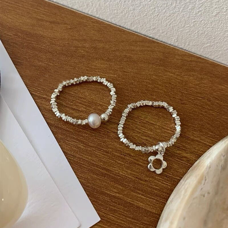 S925纯银珍珠碎银子花朵戒指女小