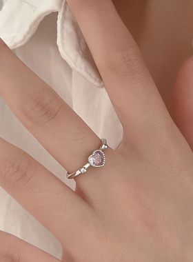 粉钻爱心戒指女S925纯银可爱甜酷ins指环时尚小众设计开口手饰品