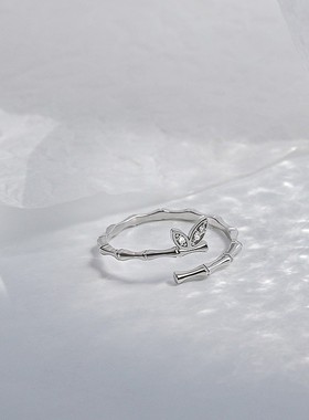 999足银竹叶相连戒指女ins小众设计指环个性简约冷淡风开口手饰品