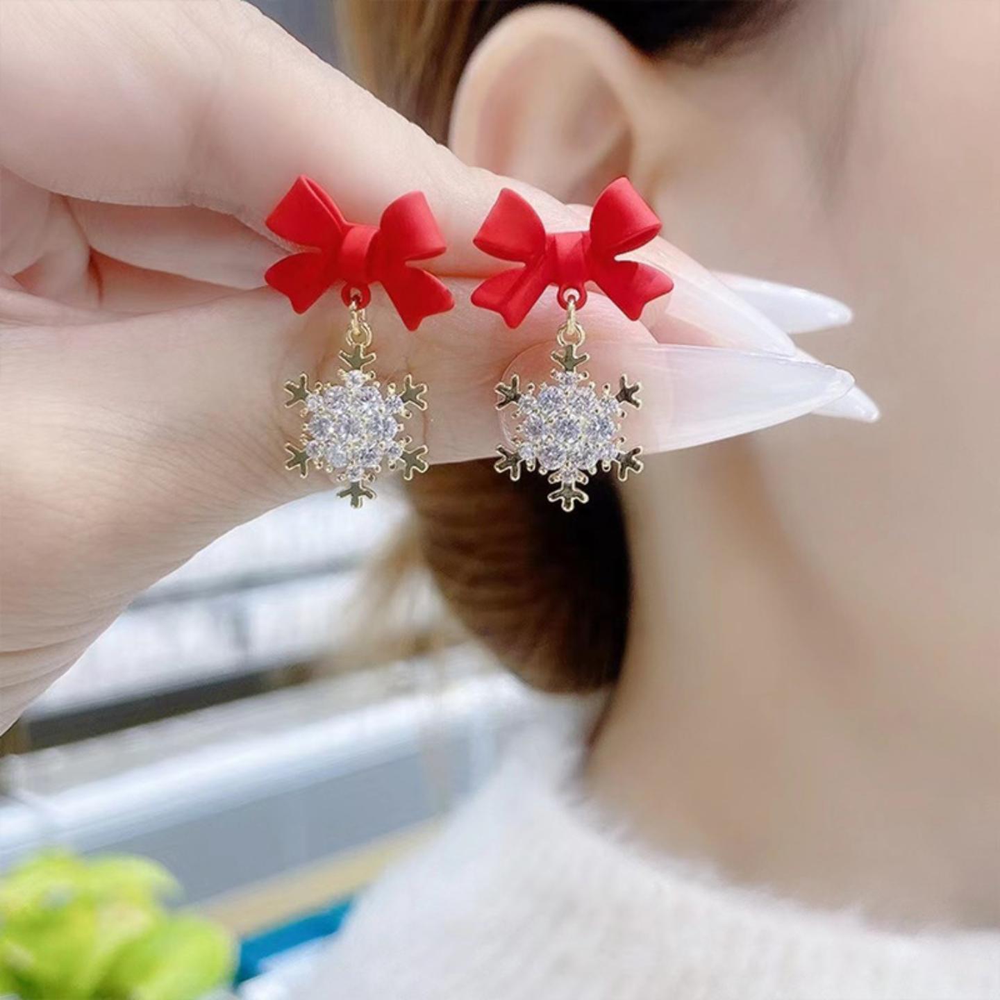 红色蝴蝶结雪花耳钉秋冬新品时尚