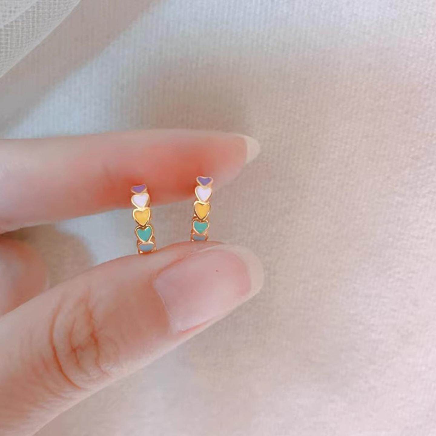 彩色滴釉爱心耳环耳圈女彩虹