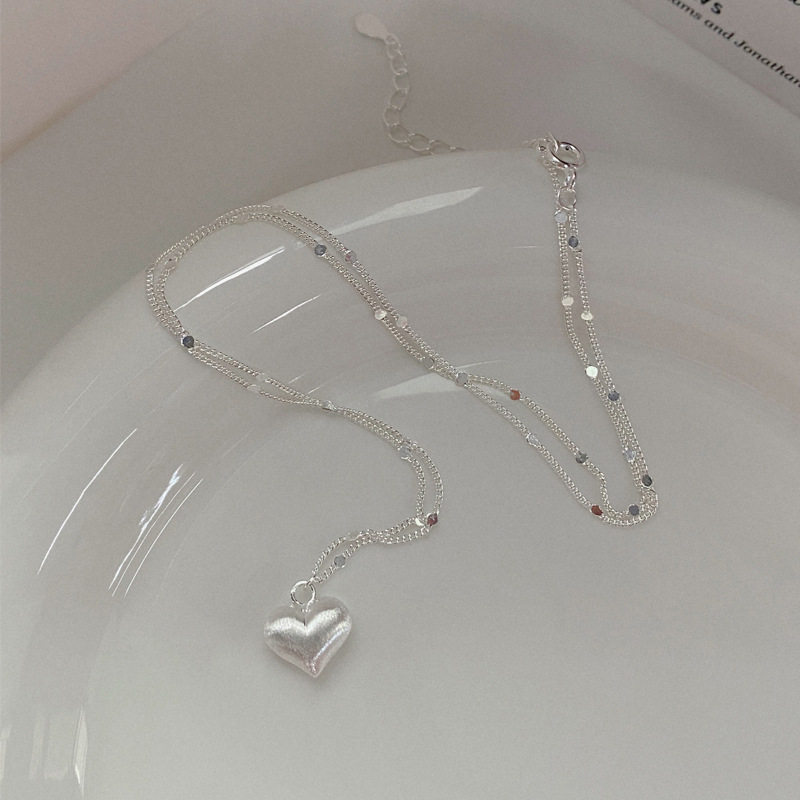 S925纯银拉丝爱心项链女生轻奢高