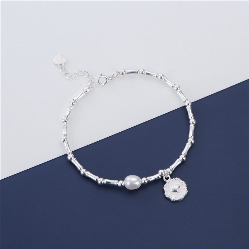 S925纯银竹节手链女简约心形珍珠手镯韩国ins风手饰品送女友礼物