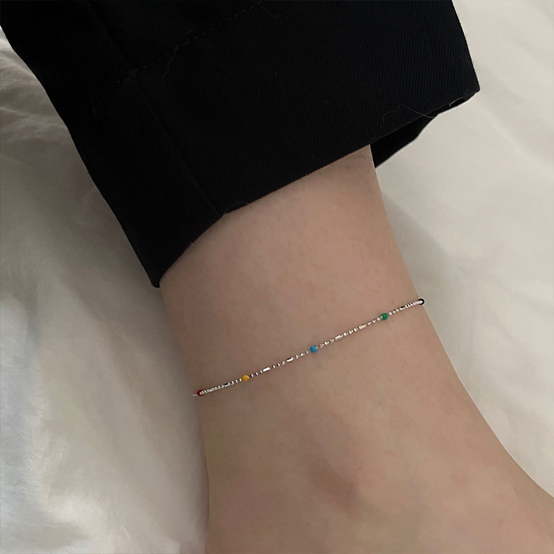 s925通体纯银彩虹豆豆脚链女韩国