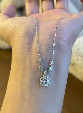 S925纯银闪钻白色方糖项链女ins