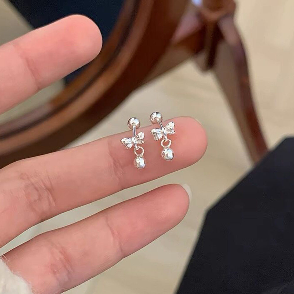 S999足银蝴蝶结圆珠耳钉女简约气