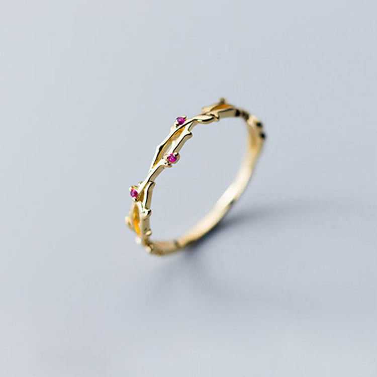 S925纯银荆棘戒指 新款简约红宝石花卉指环 时尚个性食指手饰