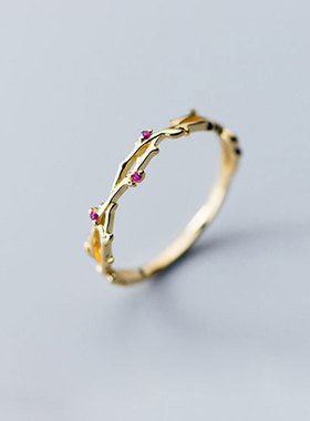 S925纯银荆棘戒指 新款简约红宝石花卉指环 时尚个性食指手饰