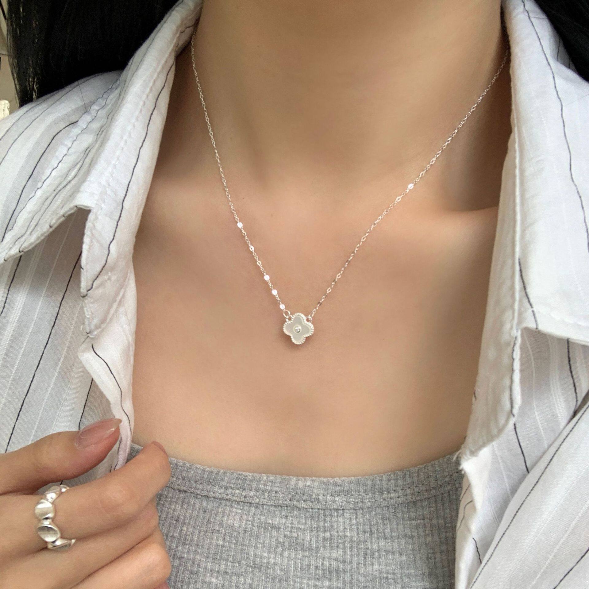 S925纯银四叶草白蝶贝项链女韩国