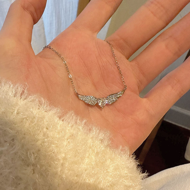 s925纯银天使翅膀爱心锆石项链女