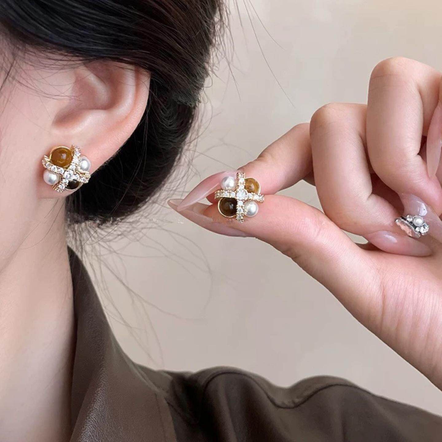 虎眼石珍珠交叉花项链复古小众