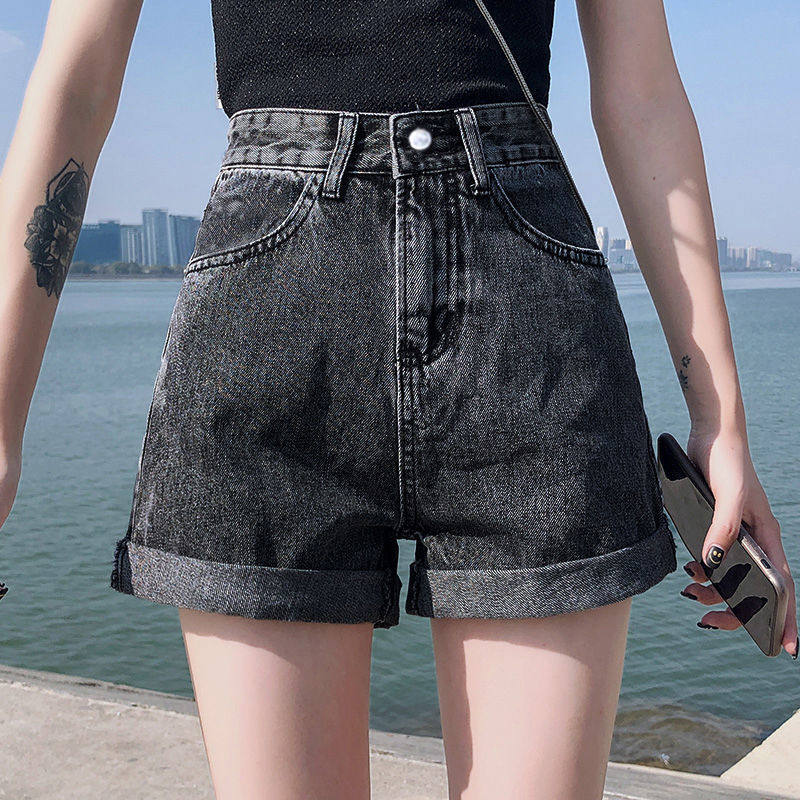 广州新塘高腰牛仔短裤女夏季韩版显瘦宽阔腿卷边夏天外穿热裤