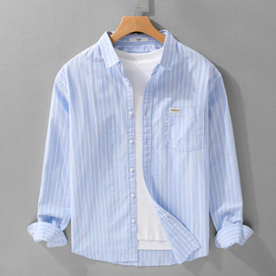 广东普宁纯棉长袖衬衫男简约休闲外套男条纹小清新舒适透气衬衣男