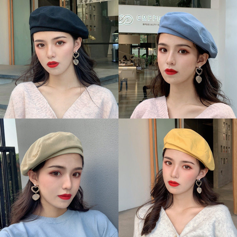 显脸小黑色棉质贝雷帽女复古简约