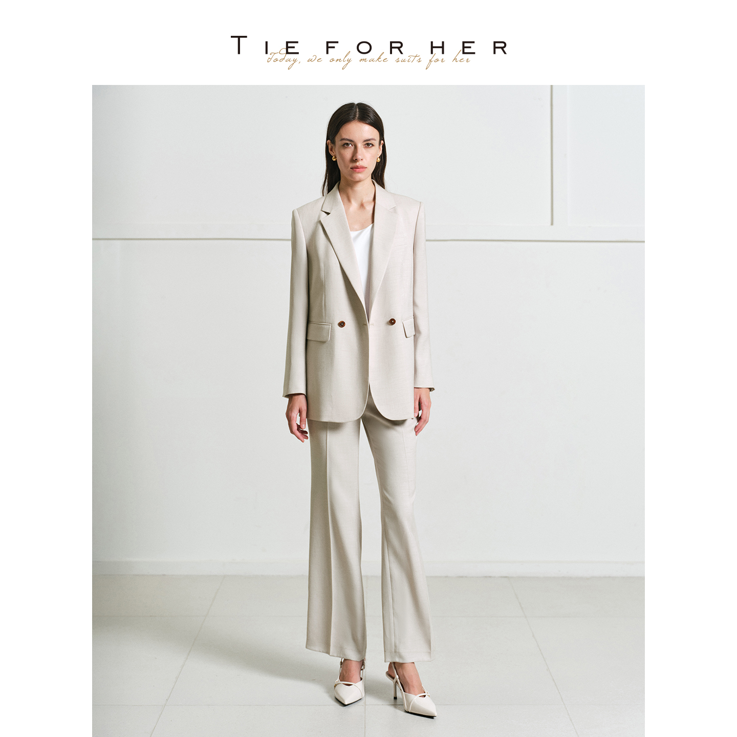 TieForHer Ecole 杏仁色舒适通勤西装外套直筒西裤优雅职场套装