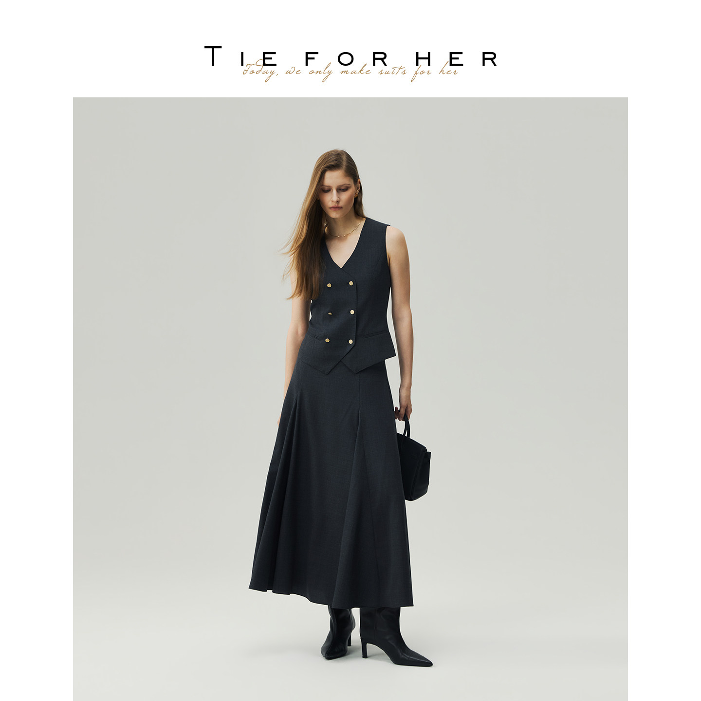 TIE FOR HER 优雅高级双排扣马甲高腰A字半裙组合 26早秋新款