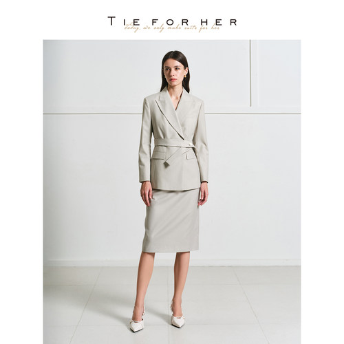 TieForHer Oxford精英束腰燕麦色套装高圆圆款修身通勤半裙女西装