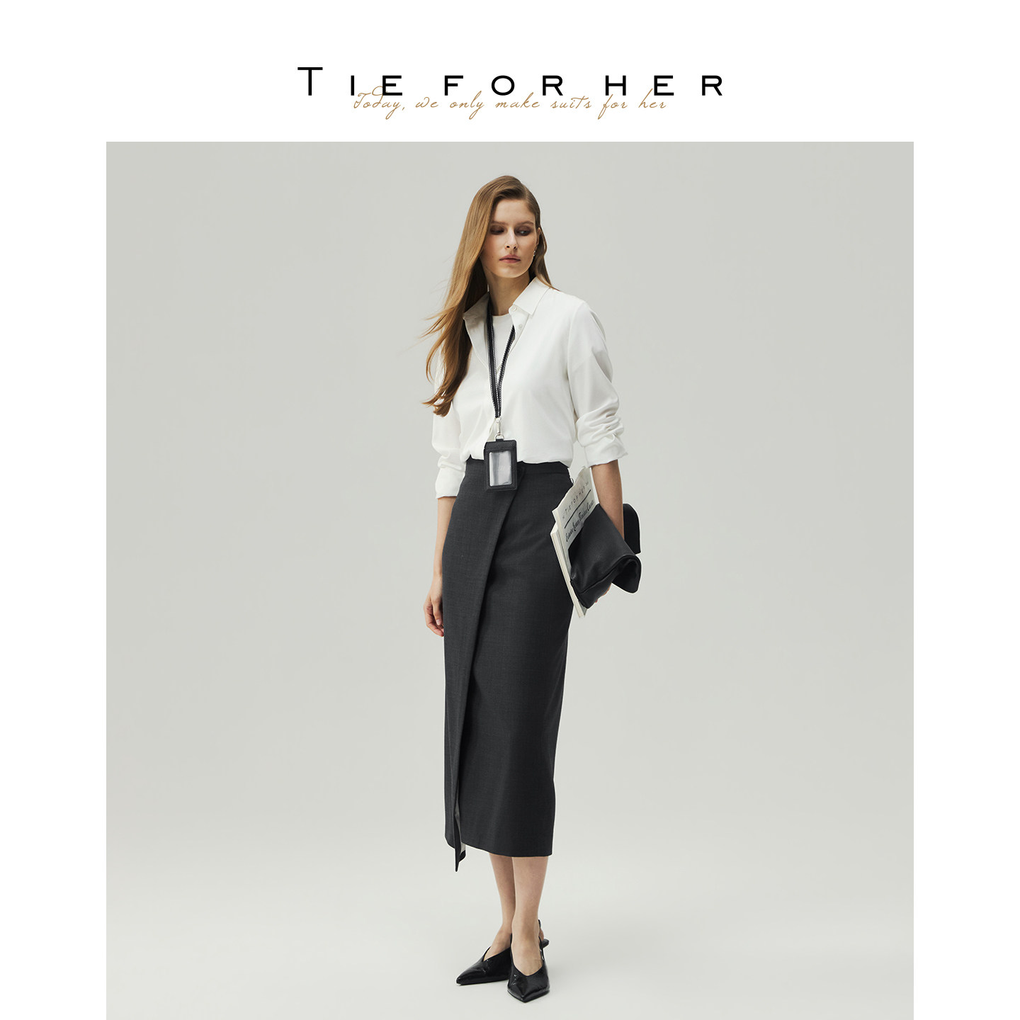 TIE FOR HER 简约日常炭灰色高腰不对称斜裁围裹半裙 26早秋新款