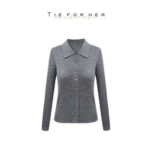 羊毛打底针织 翻领POLO领女士开衫 TieForHer 纸片人显瘦法式