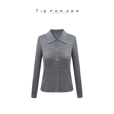 TieForHer 纸片人显瘦法式翻领POLO领女士开衫羊毛打底针织