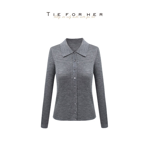 TieForHer 纸片人显瘦法式翻领POLO领女士开衫羊毛打底针织