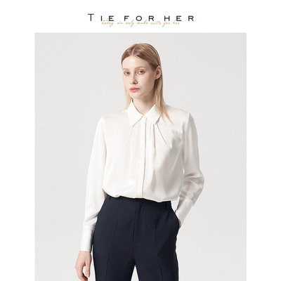 TieForHer 月光白光泽感垂坠优雅职场通勤百搭小方领捏褶衬衫