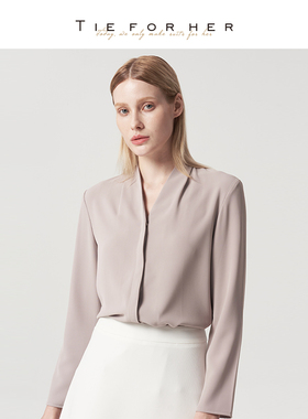 TieForHer Voho冷烟灰色衬衫女 高智感淡人风V领简约通勤长袖上衣