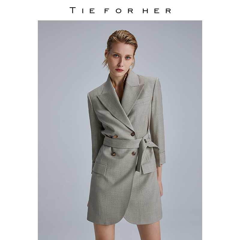 【EV系列】TieForHer 杏色颗粒纹羊毛腰带收腰裙子西装连衣裙