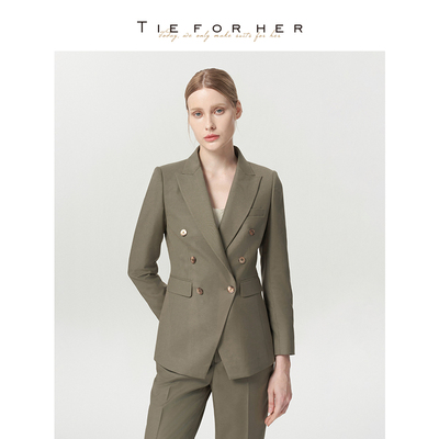 TieForHer Tzee8系列雾松卡其双排扣职业修身通勤女西装西服套装