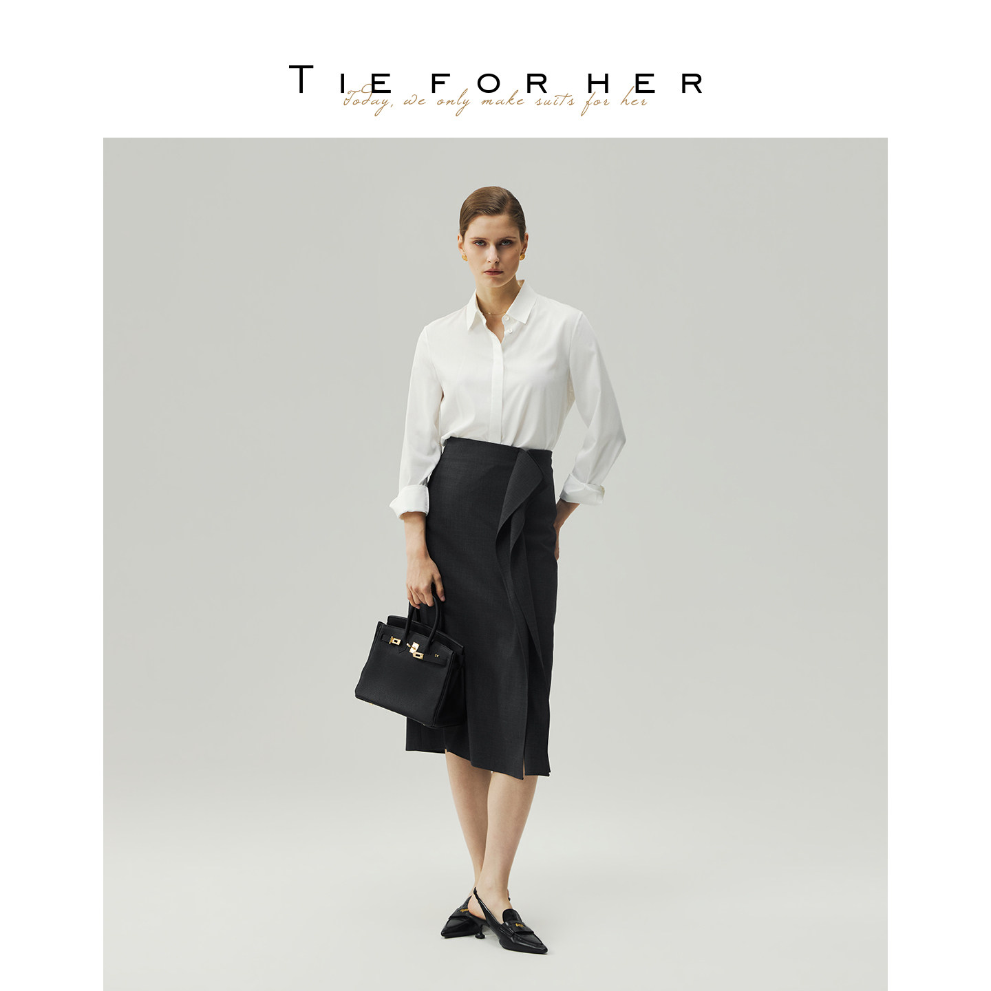TieForHer 炭灰色设计感优雅斜褶围裹开衩半裙 26早秋新款