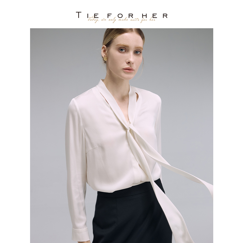 TieForHer 桑蚕丝垂感法式飘带优雅气质职场通勤衬衫上衣女