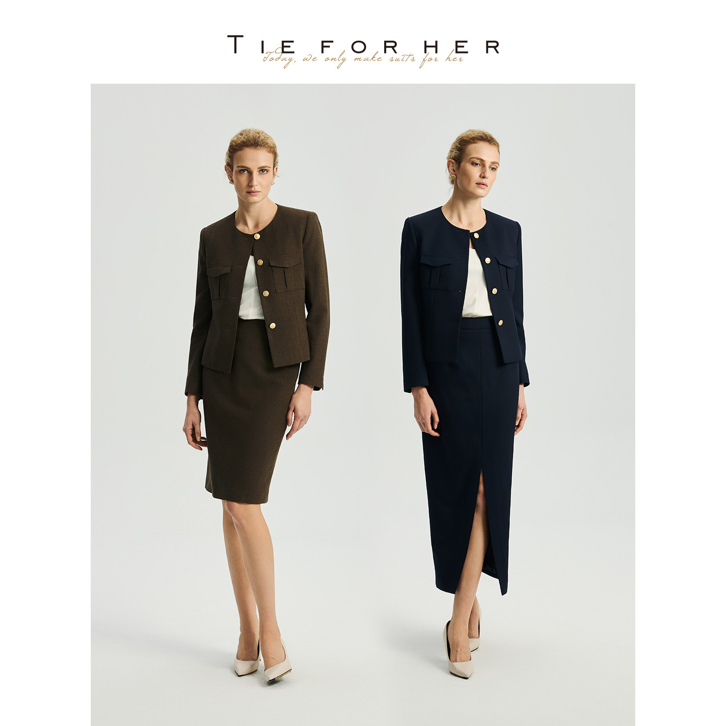 TieForHer 棕榈绿复古老钱风通勤职业小个子短外套一字半裙套装