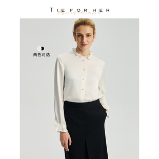TieForHer 法式复古木耳边圆领单排扣通勤高端桑蚕丝衬衫上衣女