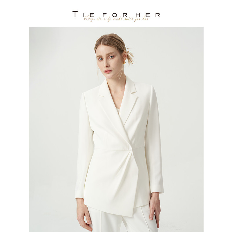TieForHer 法式设计感白色垂感收腰修身职场气质西装上衣外套女