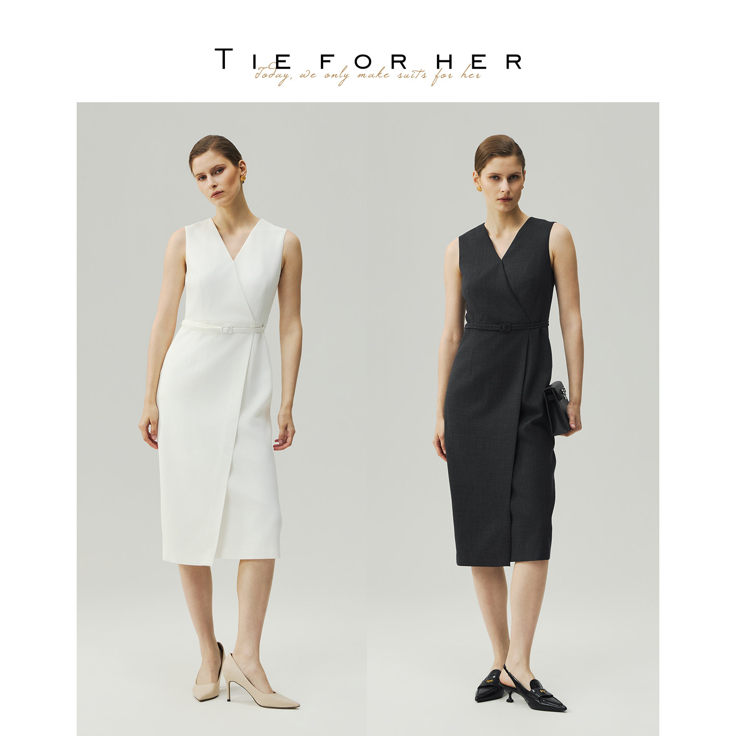 TIE FOR HER 高级优雅智性通勤日常V领交叉连衣裙 26夏新款