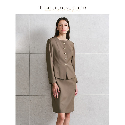 TieForHer Berkeley王妃外套深卡其高智感圆领通勤连衣裙短套装女