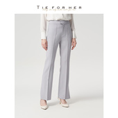 TieForHer灰色微喇中腰开衩显瘦修身 十一分职场百搭通勤直筒神裤