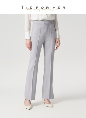 TieForHer灰色微喇中腰开衩显瘦修身十一分职场百搭通勤直筒神裤