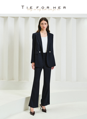 TieForHer Ecole 藏青色舒适通勤西装外套直筒西裤优雅职场套装