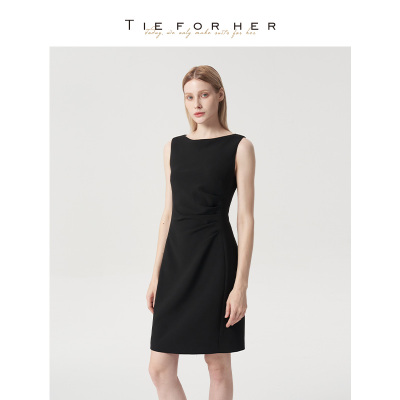 TieForHer 静谧黑一字领腰部捏褶无袖职场通勤日常百搭显瘦连衣裙