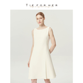 TieForHer白色一字领无袖 优雅显瘦礼服连衣裙女25新款 A版 收腰无袖