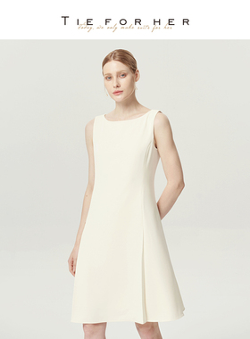 TieForHer白色一字领无袖A版收腰无袖优雅显瘦礼服连衣裙女25新款