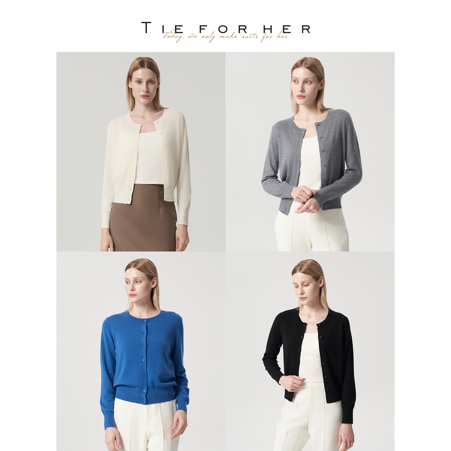 TieForHer BGK系列针织开衫女高智感圆领长袖通勤显瘦外套