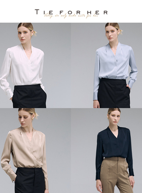 TieForHer Riva V领设计感衬衫女堆褶长袖高级感通勤氛围感上衣