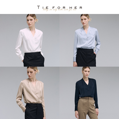 TieForHer Riva V领设计感衬衫女堆褶长袖高级感通勤氛围感上衣