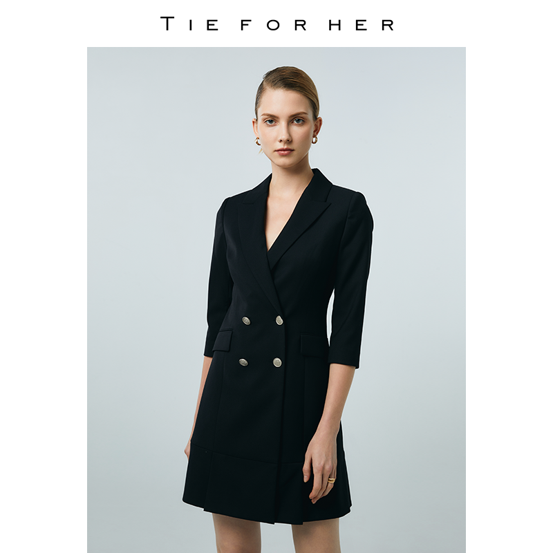【EV系列】TieForHer 童瑶明星同款黑色西装连衣裙职场优雅气质