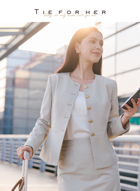 TieForHer Berkeley王妃外套 高智感圆领单排燕麦色通勤短外套女