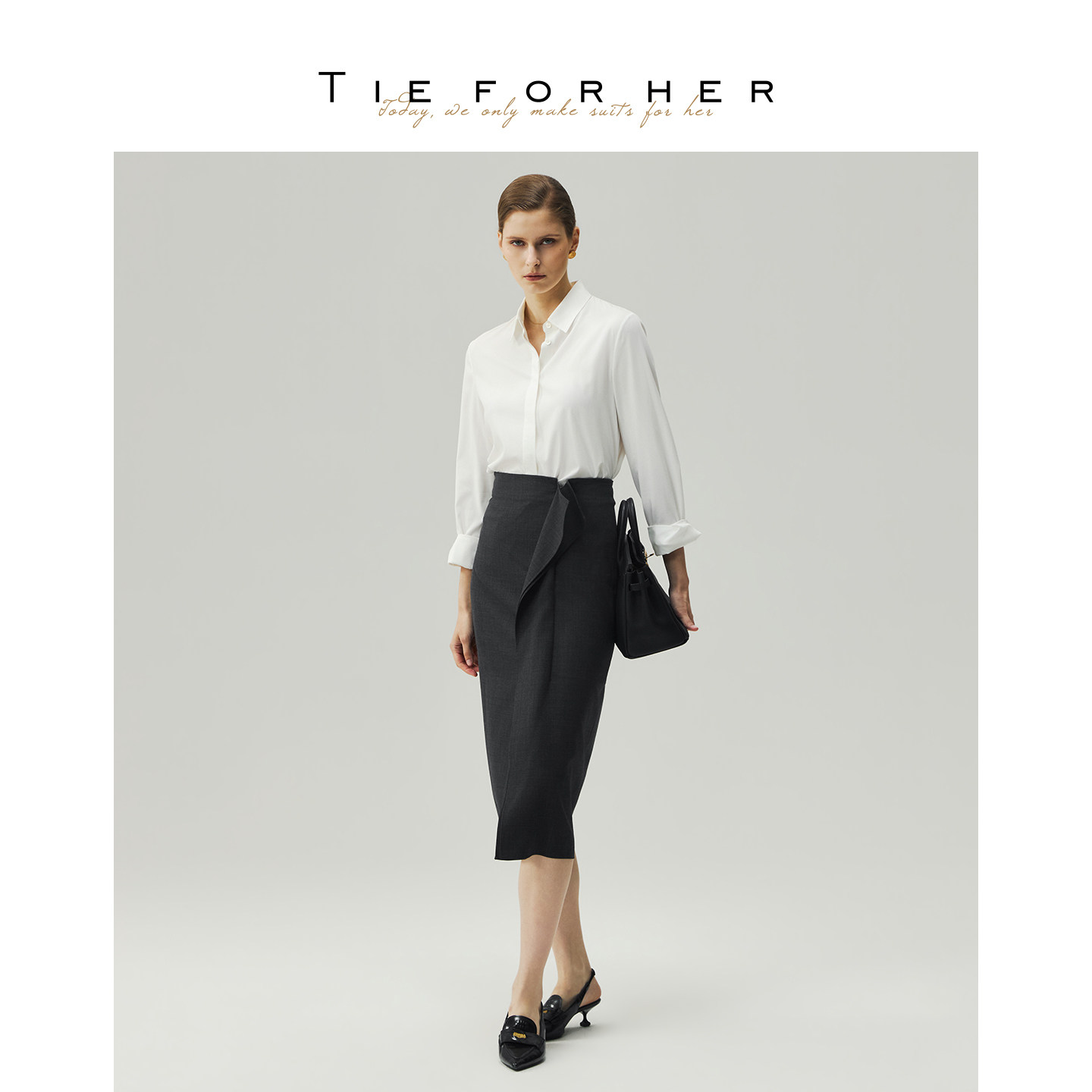 TIE FOR HER 设计感优雅炭灰色斜褶围裹开衩半裙 26早秋新款