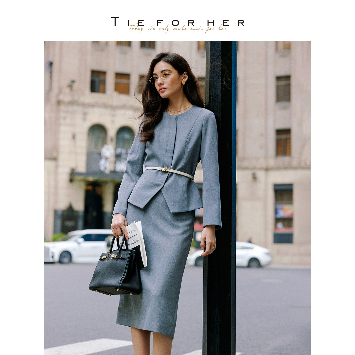 TieForHer 【策展人】2026夏新款中灰色高智感圆领短外套上衣半裙